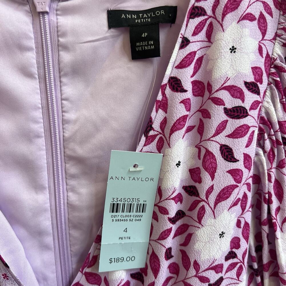 Ann Taylor NWT Mixed Floral Faux Wrap Midi Dress Puff Slv Cottagecore Sz 4P $189 - Picture 4 of 7
